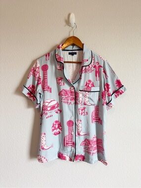 Katie Kime Blue Pink Women's Dallas Toile Short Sleeve Pajama Top Size Small